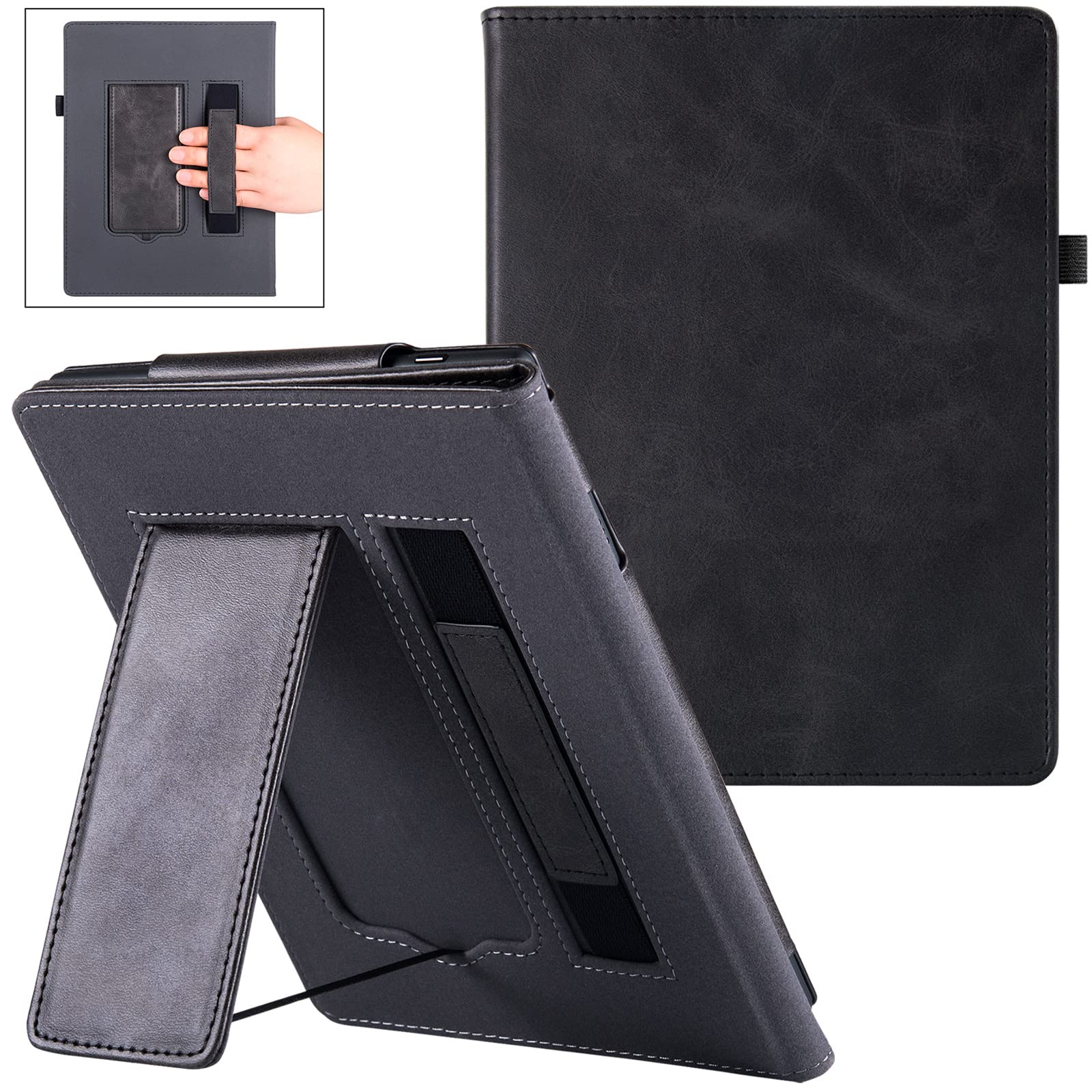 BOZHUORUI Stand Case for 7.8" Onyx Boox Tab Mini C/Boox Nova Air2 ePaper Tablet - PU Leather Book Folio Sleeve Cover with Hand Strap/Pen Holder and Auto Sleep/Wake, Rock Black