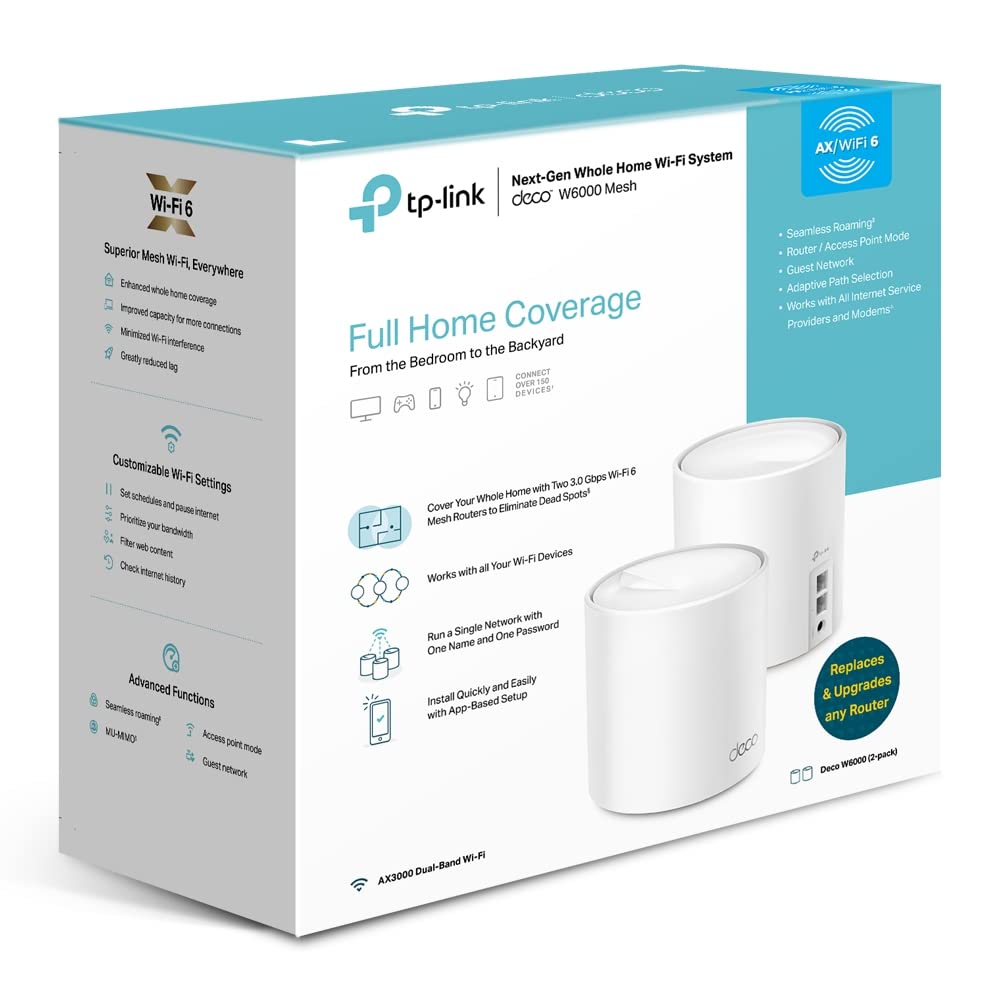 TP-Link Wi-Fi 6 AX3000 Mesh Router System | 2- Mesh Routers | Deco W6000(2-Pack) | 5,000 sq. ft. of WiFi Coverage (Renewed)