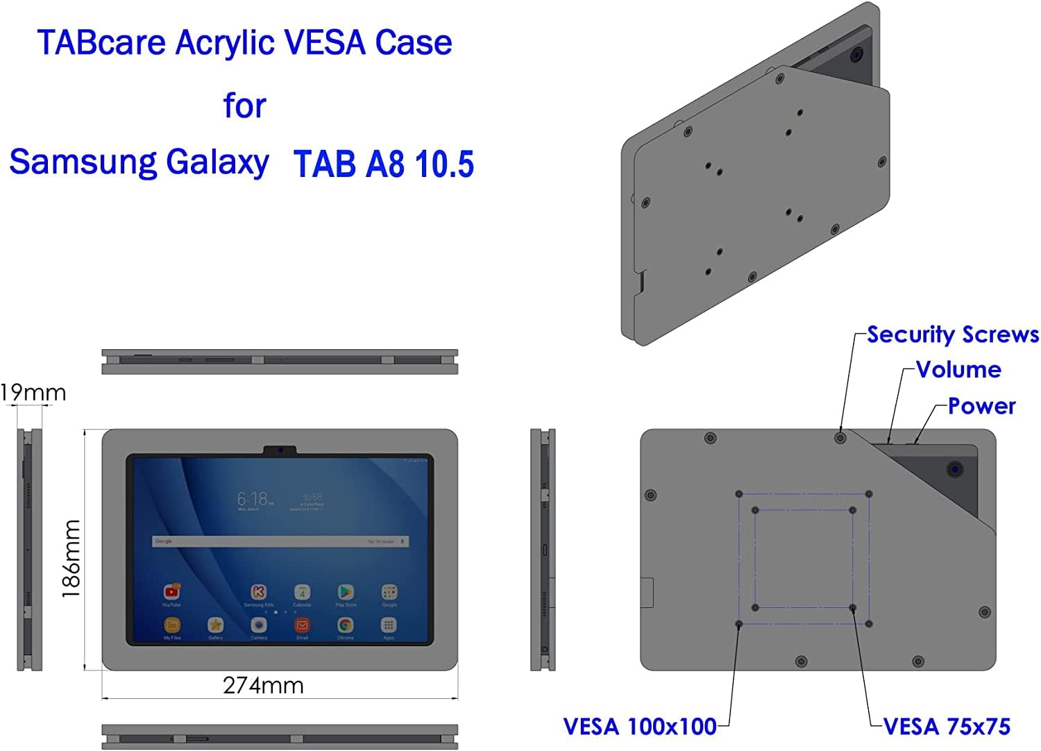 TABcare Security Anti-Theft Acrylic VESA Enclosure for Samsung Galaxy TAB A8 10.5 with Wall Mount Kit (Black, TAB A8 10.5)