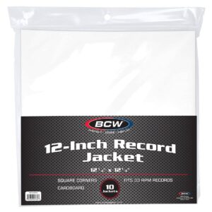 bcw white cardboard record jacket 12-inch | protects 33⅓ rpm vinyl records | heavy 20-point acid-free cardboard | blank lp sleeves | durable outer jackets | 10 pack