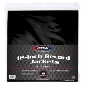 bcw black cardboard record jacket 12-inch | protects 33⅓ rpm vinyl records | heavy 20-point acid-free cardboard | blank lp sleeves | durable outer jackets | 10 pack