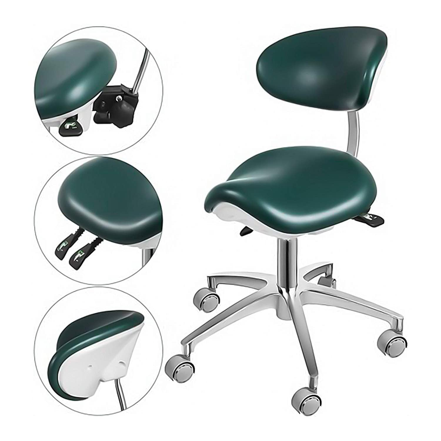 EustomA Standard Mobile Chair Saddle Doctor's Stool PU Leather Chair Dark Green