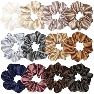 12 pcs satin silk scrunchies soft hair ties fashion hair bands hair bow ropes elastic bracelets ponytail holders hair accessories for women girls (4.5 inch, assorted multi-color)