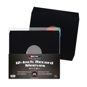 bcw 12 inch vinyl record paper inner sleeves - angle cut corners - black | pack of 50 | protective lp album sleeves for vinyl storage and preservation | compatible with 33⅓ rpm albums