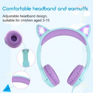 Olyre Kids Headphones with MIC for School, 85dB Safe Volume Limited Light Up Cat Ear Headphones,Wired Cord On-Ear Headphones for Children/Boys/Girls/Travel-Green/Purple