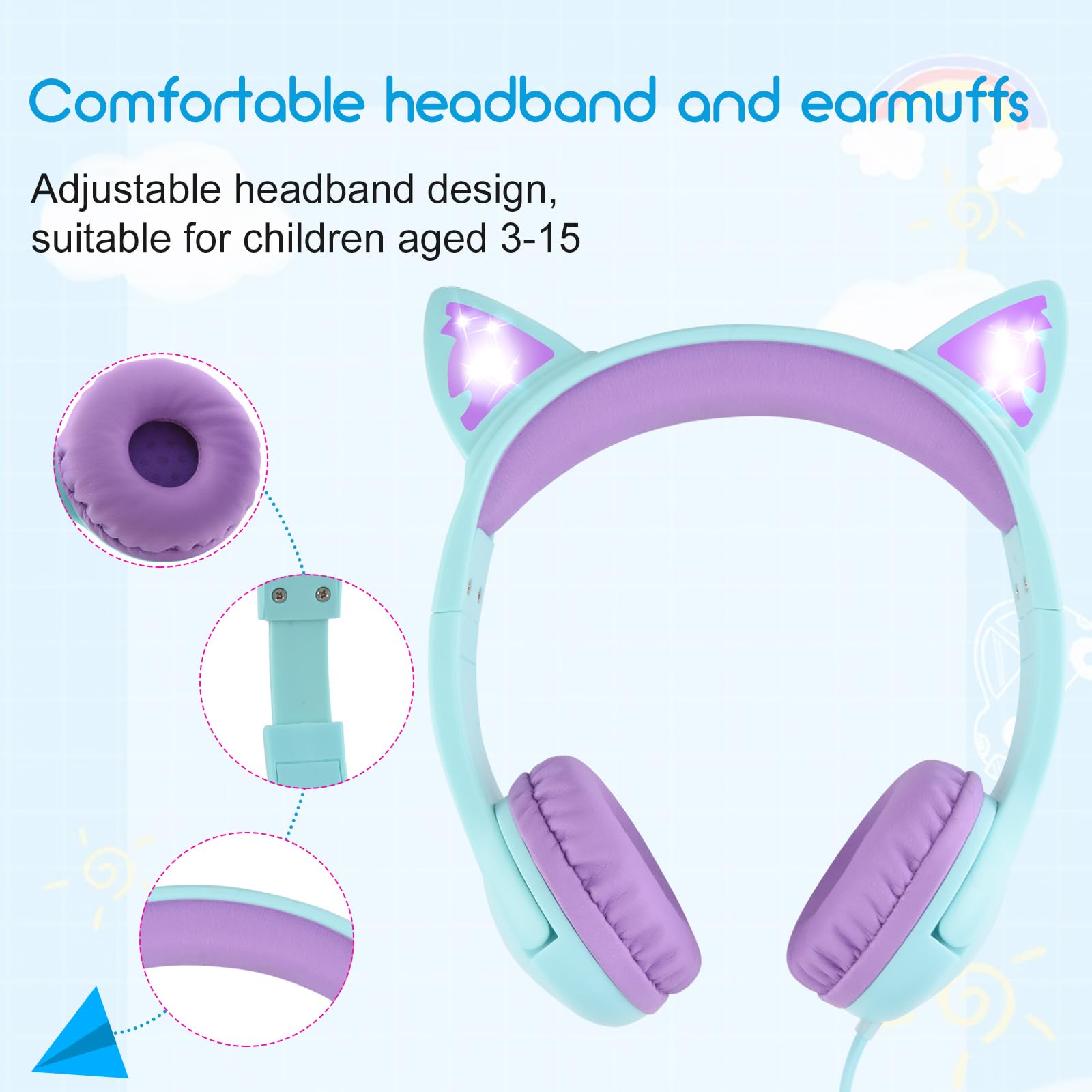 Olyre Kids Headphones with MIC for School, 85dB Safe Volume Limited Light Up Cat Ear Headphones,Wired Cord On-Ear Headphones for Children/Boys/Girls/Travel-Green/Purple