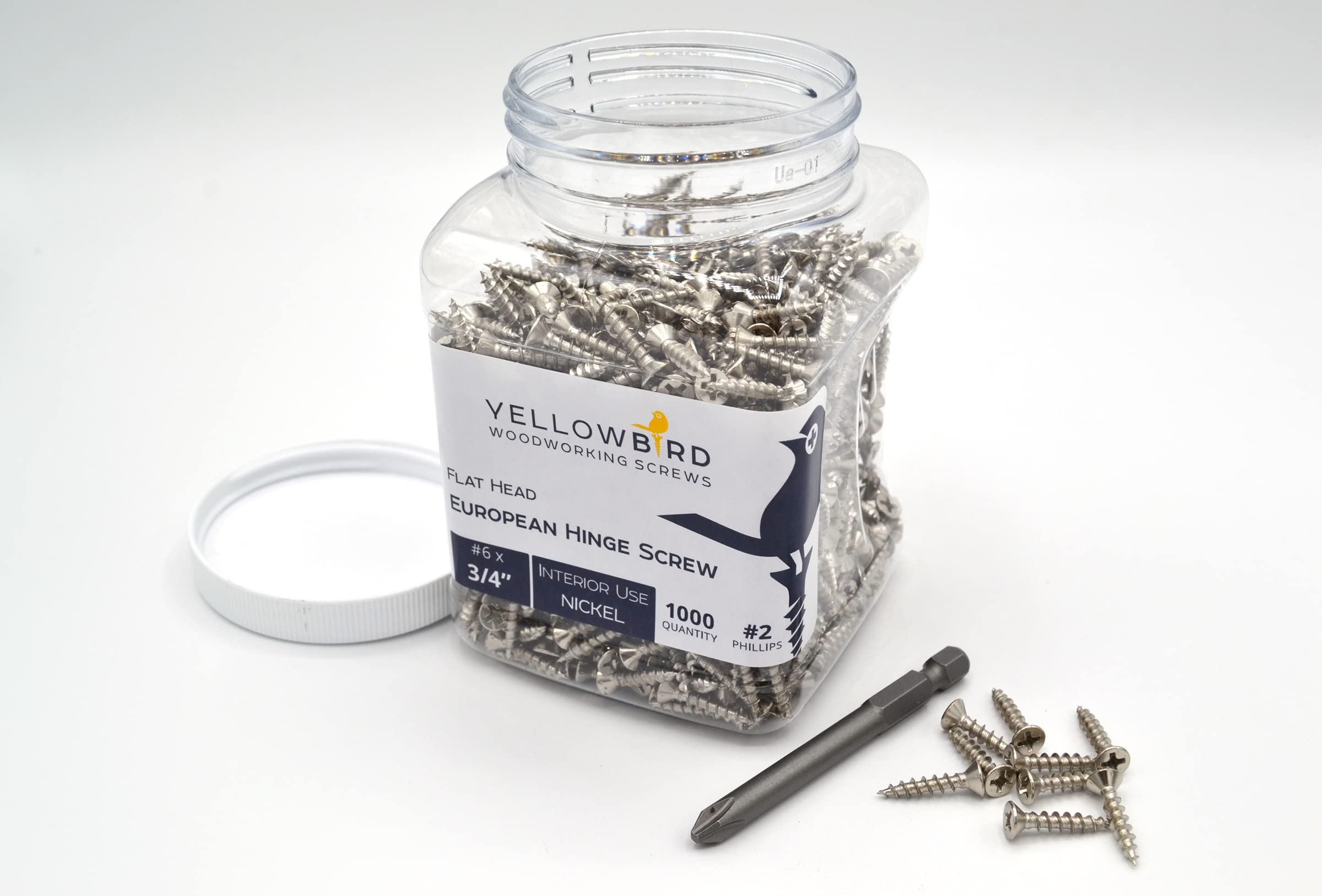 Yellowbird #6 x 3/4" European Concealed Hinge Screw - Flat Head Phillips - Nickel Wood - Bit Included - 1000 Ct.