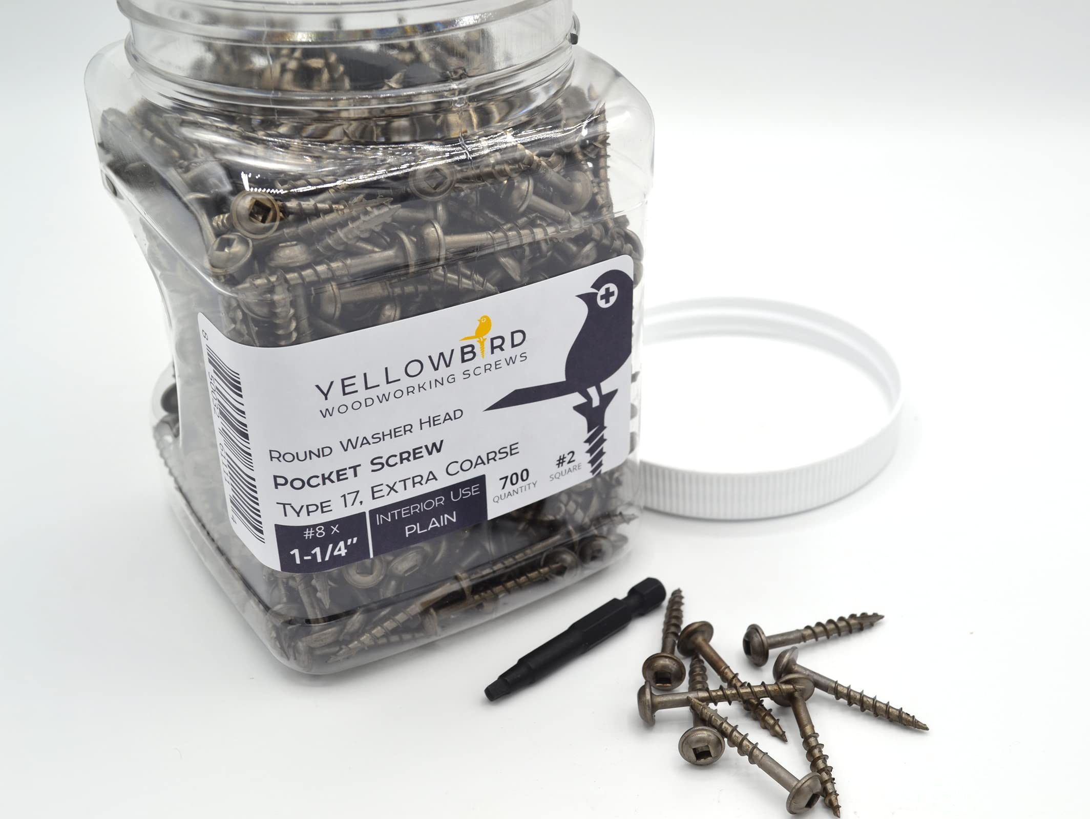 Yellowbird #8 x 1-1/4 Round Washer Head - Square Plain Lube - Extra Coarse Thread - Type 17 Pocket Screw - Bit Included - 700 Ct.