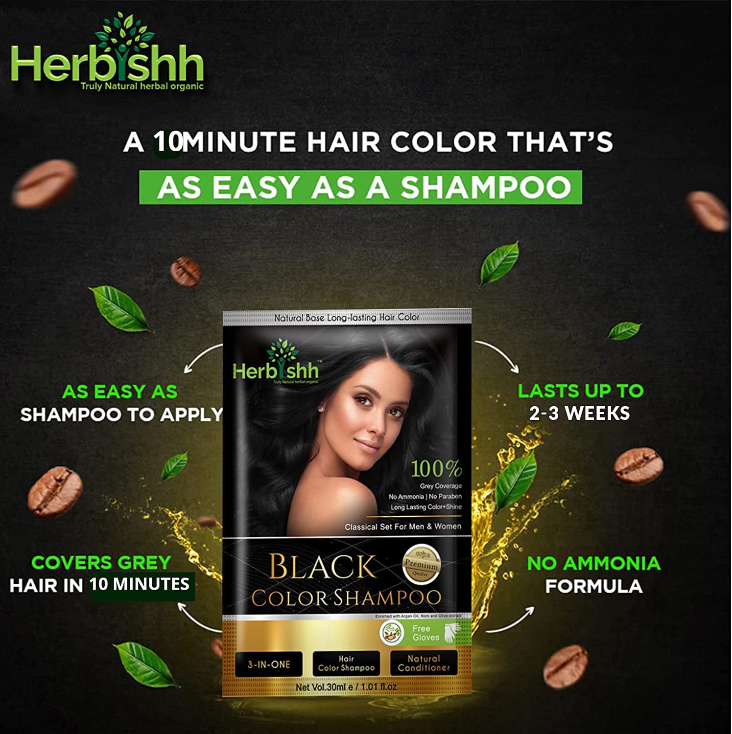 Herbishh Hair Color Shampoo Pouch/Sachte Combo Pack of Two for Gray Hair (Black) With Moroccan Argan Hair Shampoo + Hair Conditioner Kit