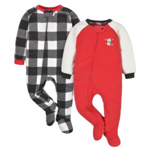 gerber unisex baby toddler flame resistant fleece footed holiday pajamas 2-pack red black snowman 18 months