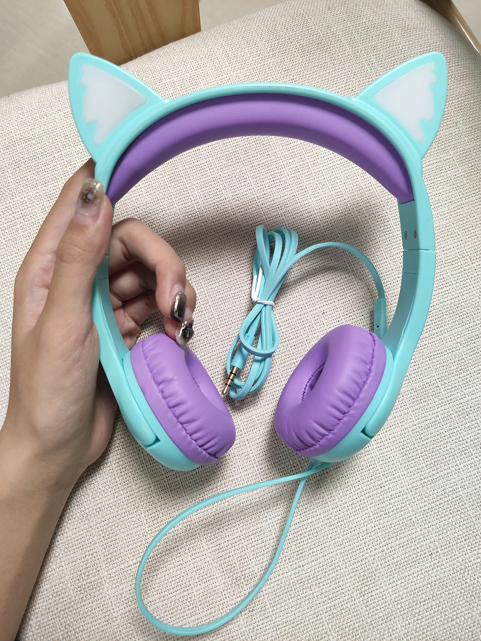 Olyre Kids Headphones with MIC for School, 85dB Safe Volume Limited Light Up Cat Ear Headphones,Wired Cord On-Ear Headphones for Children/Boys/Girls/Travel-Green/Purple