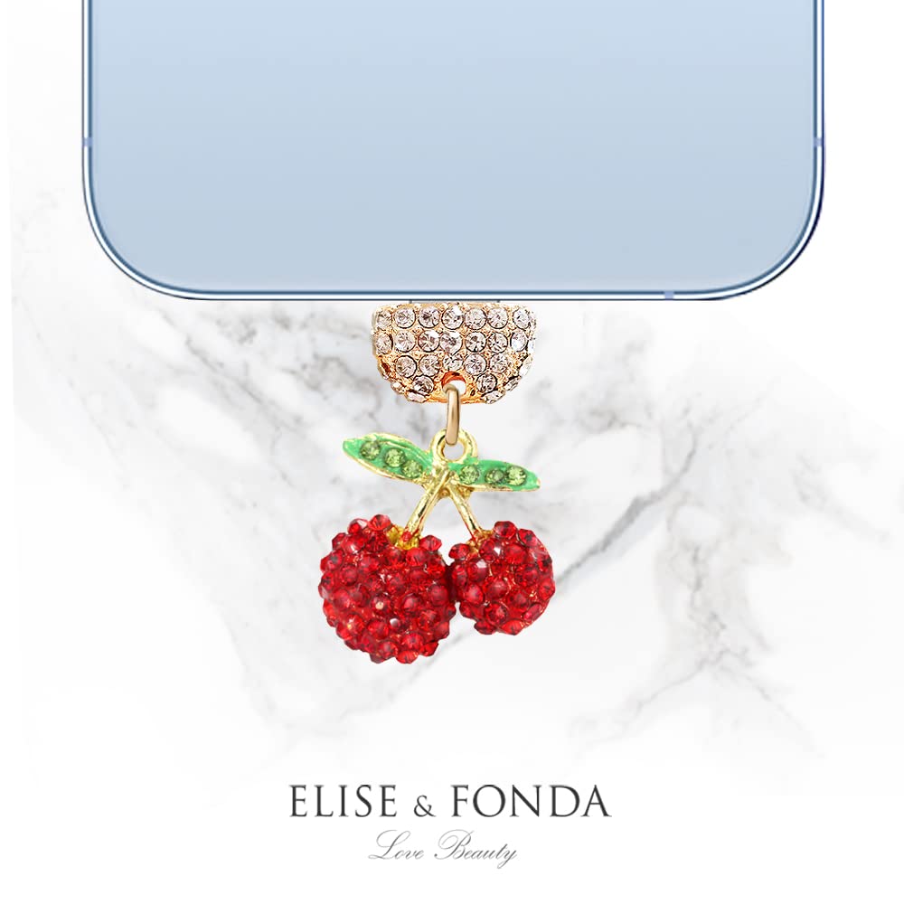 ELISE & FONDA CP451 USB Charging Port Crystal Anti Dust Plug Little Cherry Phone Charm for iPhone 13/12/11/ XS MAX/XR/X/8 Plus/7/6S/8/SE iPad iPod (Red)