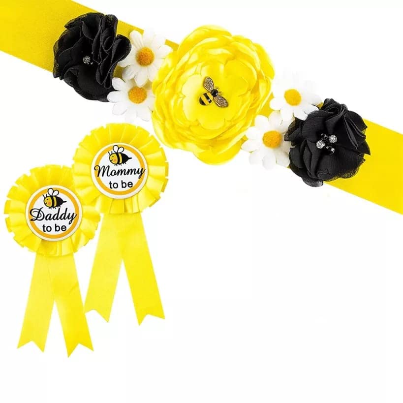 HAPPYLAND Baby Girl Shower Decorations Yellow Sash and Tinplate Badge Mommy to Bee Yellow Maternity Sash Mom to Bee and Tinplate Badge Daddy to Bee Baby Shower Belt