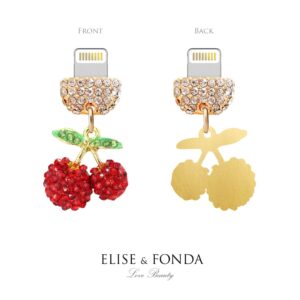 ELISE & FONDA CP451 USB Charging Port Crystal Anti Dust Plug Little Cherry Phone Charm for iPhone 13/12/11/ XS MAX/XR/X/8 Plus/7/6S/8/SE iPad iPod (Red)