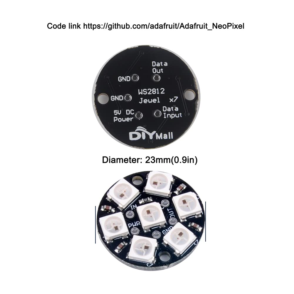 DIYmall 7 X WS2812B RGB LED Rings 7 Bits 5050 Lamp Light with Integrated Drivers, Full Color, Individually Addressable for Arduino ESP8266 Raspberry Pi ESP32 (Pack of 5pcs)