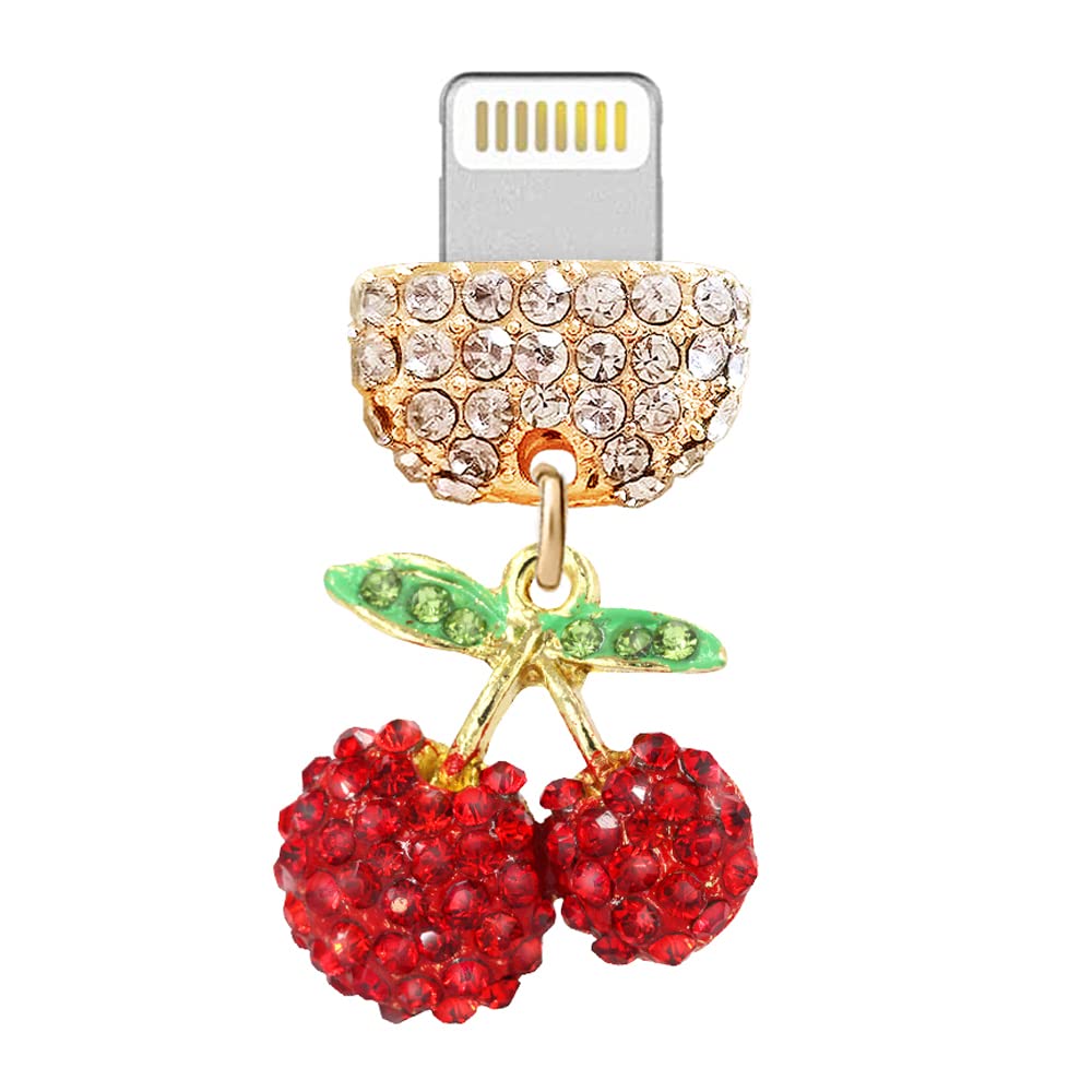 ELISE & FONDA CP451 USB Charging Port Crystal Anti Dust Plug Little Cherry Phone Charm for iPhone 13/12/11/ XS MAX/XR/X/8 Plus/7/6S/8/SE iPad iPod (Red)