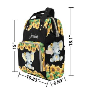 Personalized Yellow Sunflower Elephant Diaper Bags Backpack Custom Name Daypack Large Mommy Bag for Teen Girl Boy Student