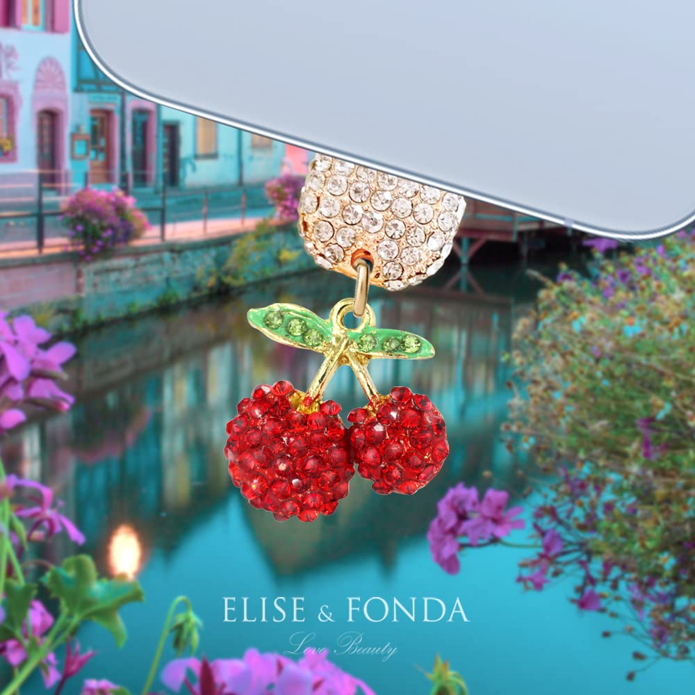 ELISE & FONDA CP451 USB Charging Port Crystal Anti Dust Plug Little Cherry Phone Charm for iPhone 13/12/11/ XS MAX/XR/X/8 Plus/7/6S/8/SE iPad iPod (Red)