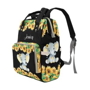 Personalized Yellow Sunflower Elephant Diaper Bags Backpack Custom Name Daypack Large Mommy Bag for Teen Girl Boy Student