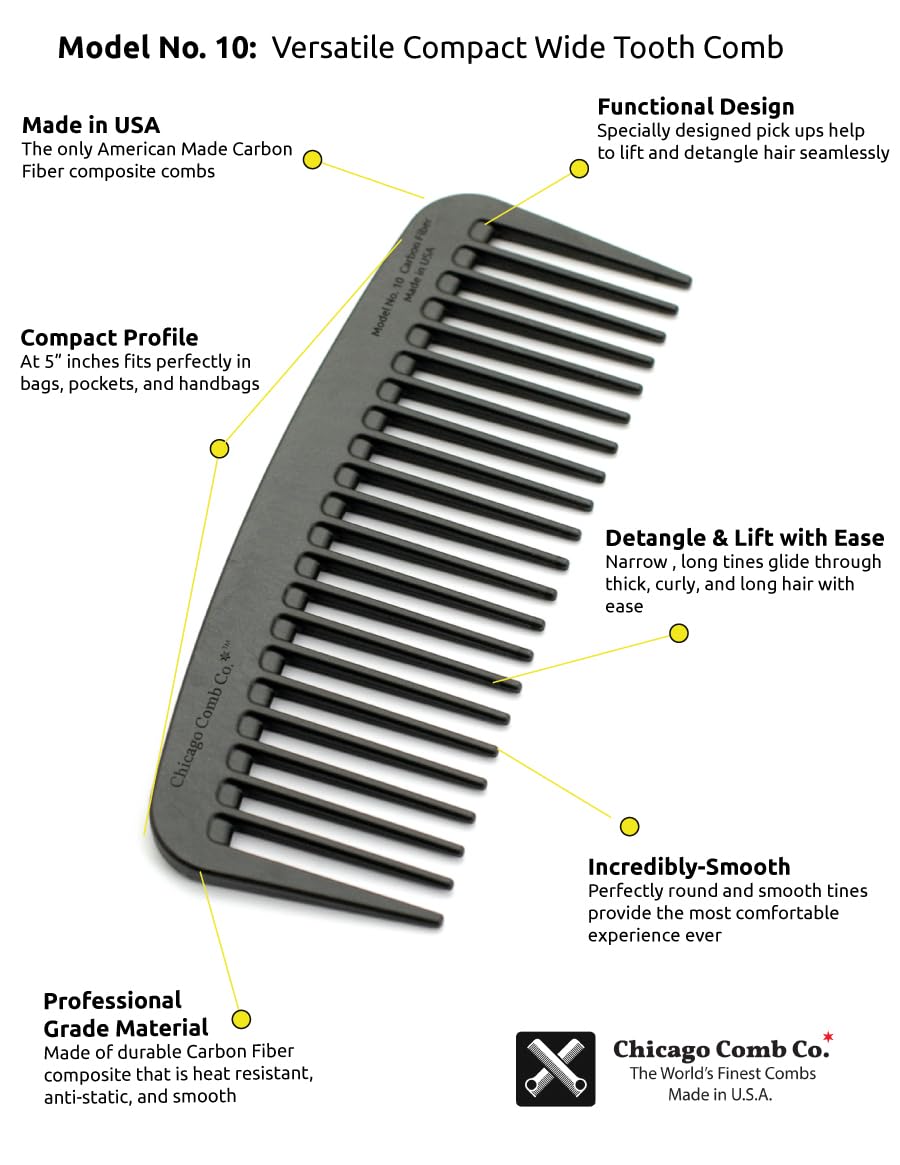 Chicago Comb Model 10 Carbon Fiber, Compact Wide-Tooth Comb, Made in USA, Anti-Static, 5 Inches (12.7 cm) Long