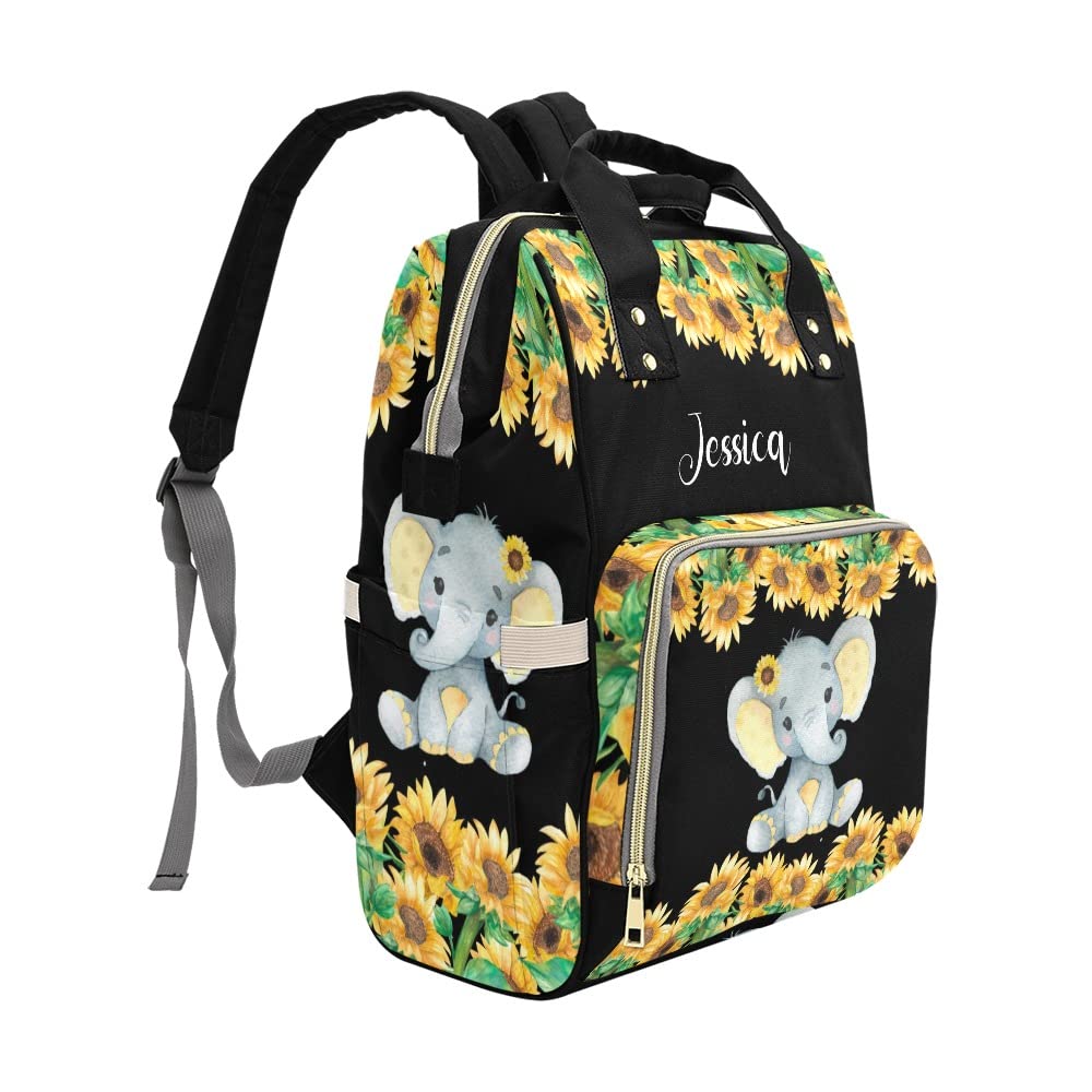 Personalized Yellow Sunflower Elephant Diaper Bags Backpack Custom Name Daypack Large Mommy Bag for Teen Girl Boy Student