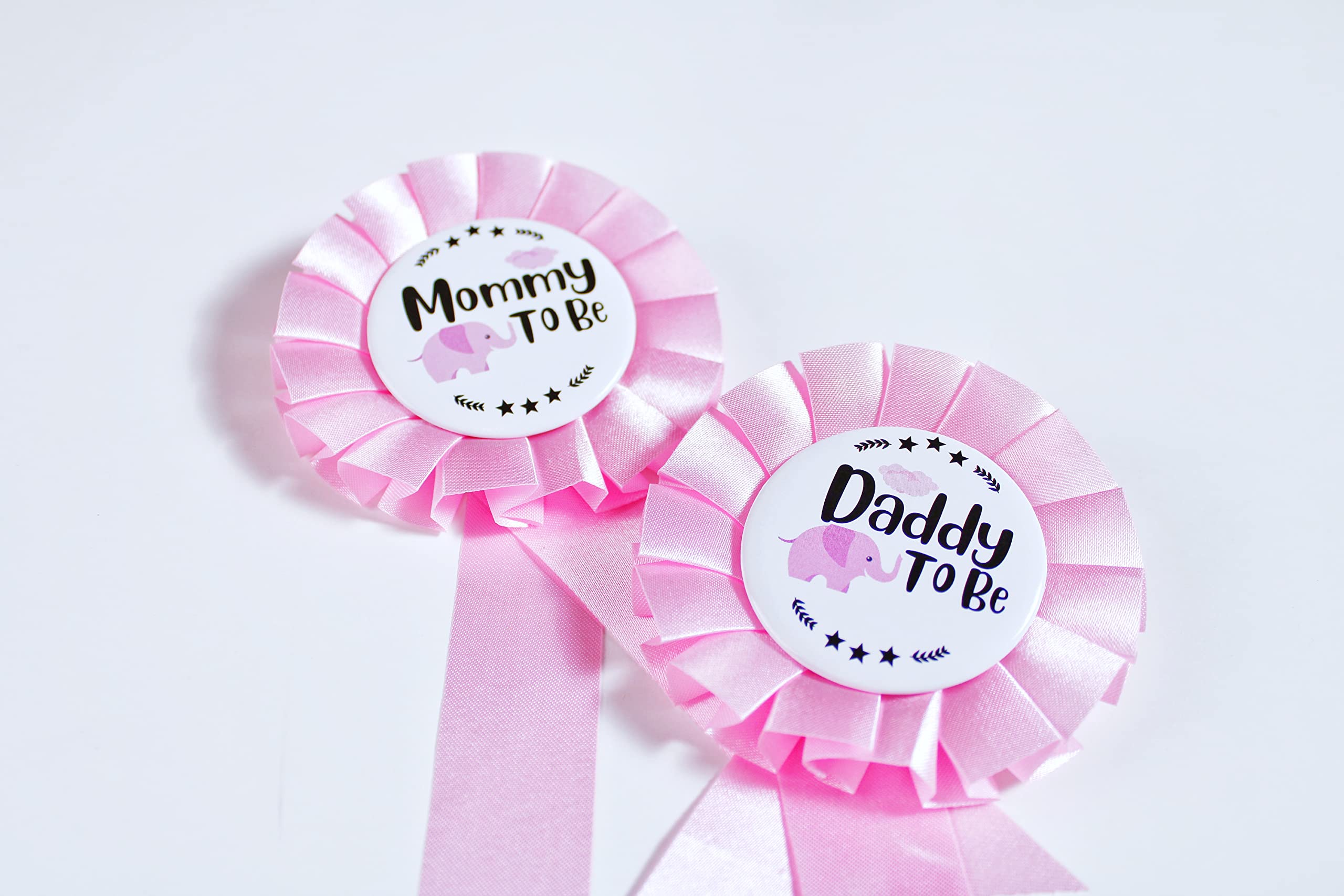 HAPPYLAND Baby Girl Shower Decorations Pink Baby Elephant Set Tinplates Badge Mommy to Be and Daddy to Be Baby Shower