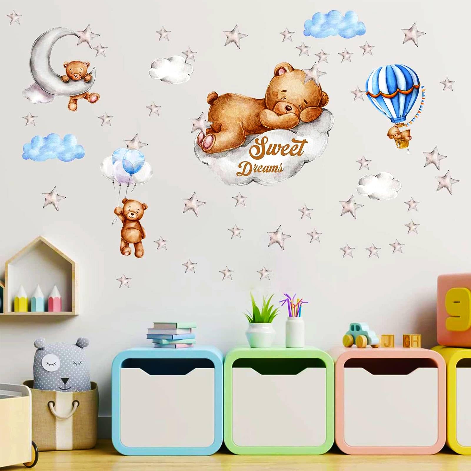 Tedy Bear Sleeping on The Moon and Stars Wall Stickers for Kids Baby Room Decor Sweet Dream Moon Hot Air Star Baby Nursery Decor Room Interior Decor Kid Bedroom Playroom Wall Decals (Blue)