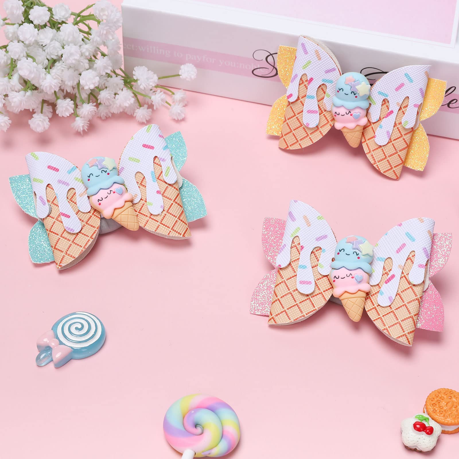 Whaline Ice Cream Glitter Bow Hair Clips 4Pcs Summer Hair Bow Barrette Colorful PU Leather Hairgrips Sparkly Alligator Hair Clips for Girls Women Hair Accessories Birthday Party Ball Supplies