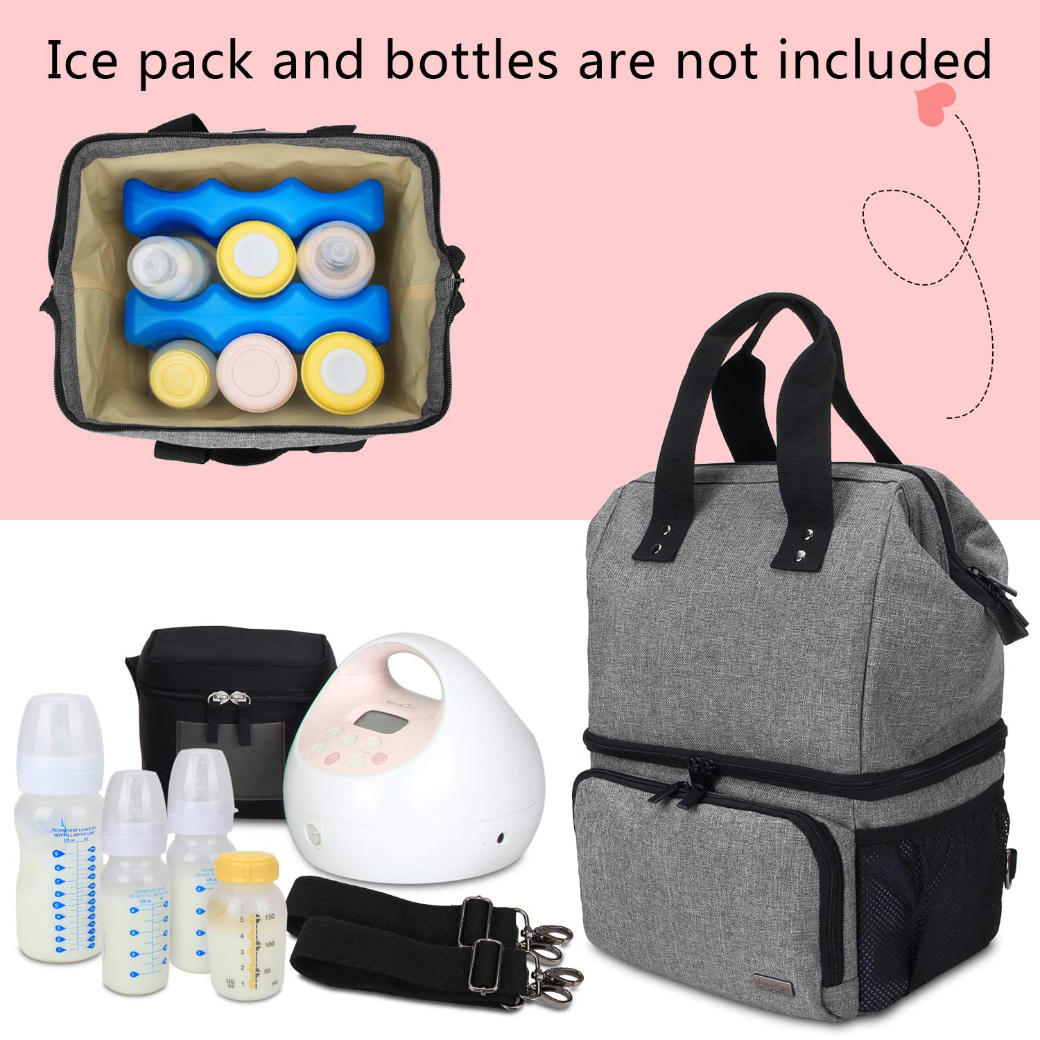 Luxja Breast Pump Bag with 2 Ice Packs for Breastmilk Storage Bundle, Gray