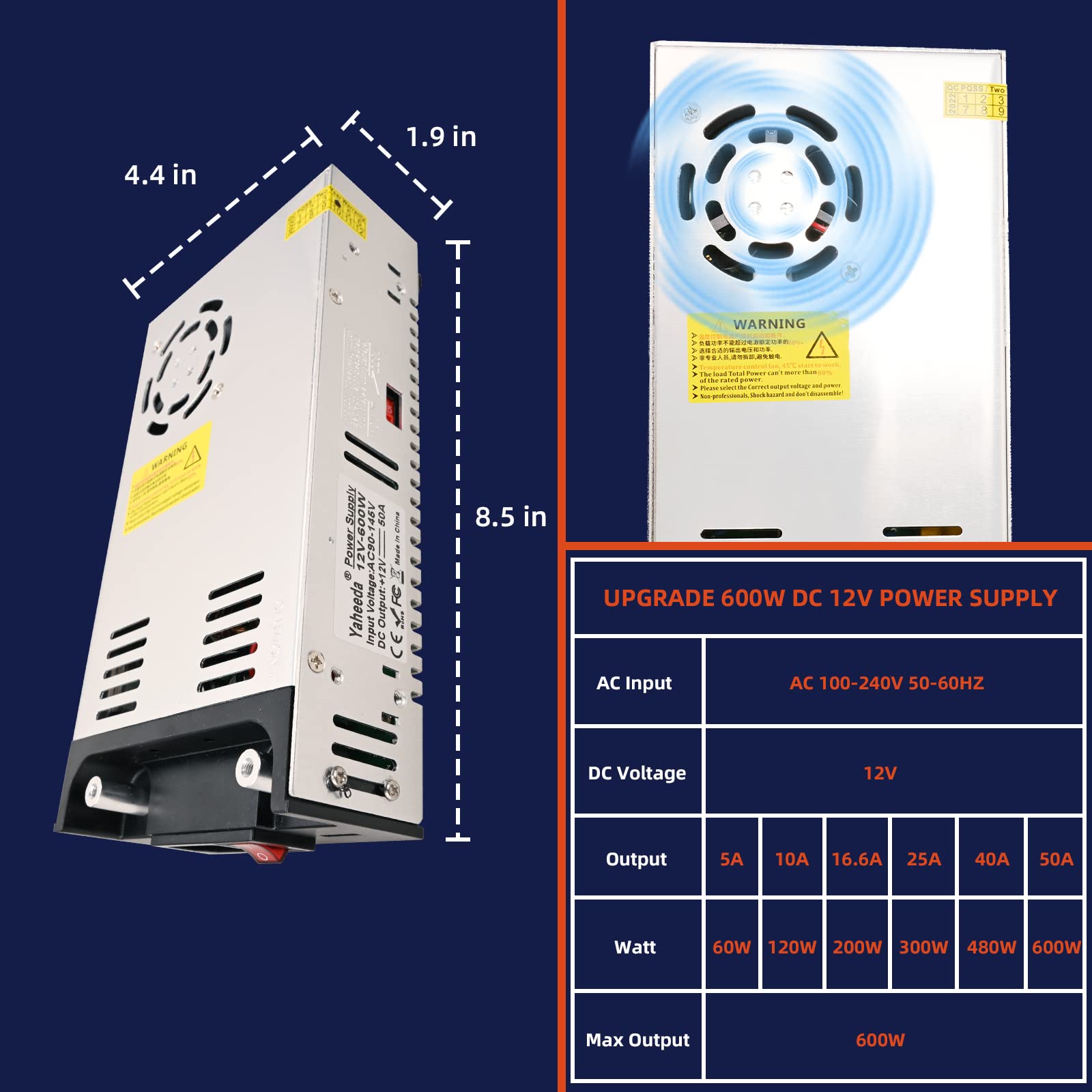 Yaheeda New Version Converter, 110V AC to 12V DC Converter Power Supply 12V 600W 50A DC Switch Transformer for RV,Pump,LED Strip, LCD Monitor