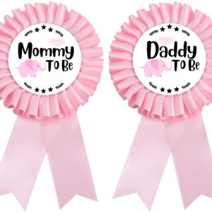 HAPPYLAND Baby Girl Shower Decorations Pink Baby Elephant Set Tinplates Badge Mommy to Be and Daddy to Be Baby Shower