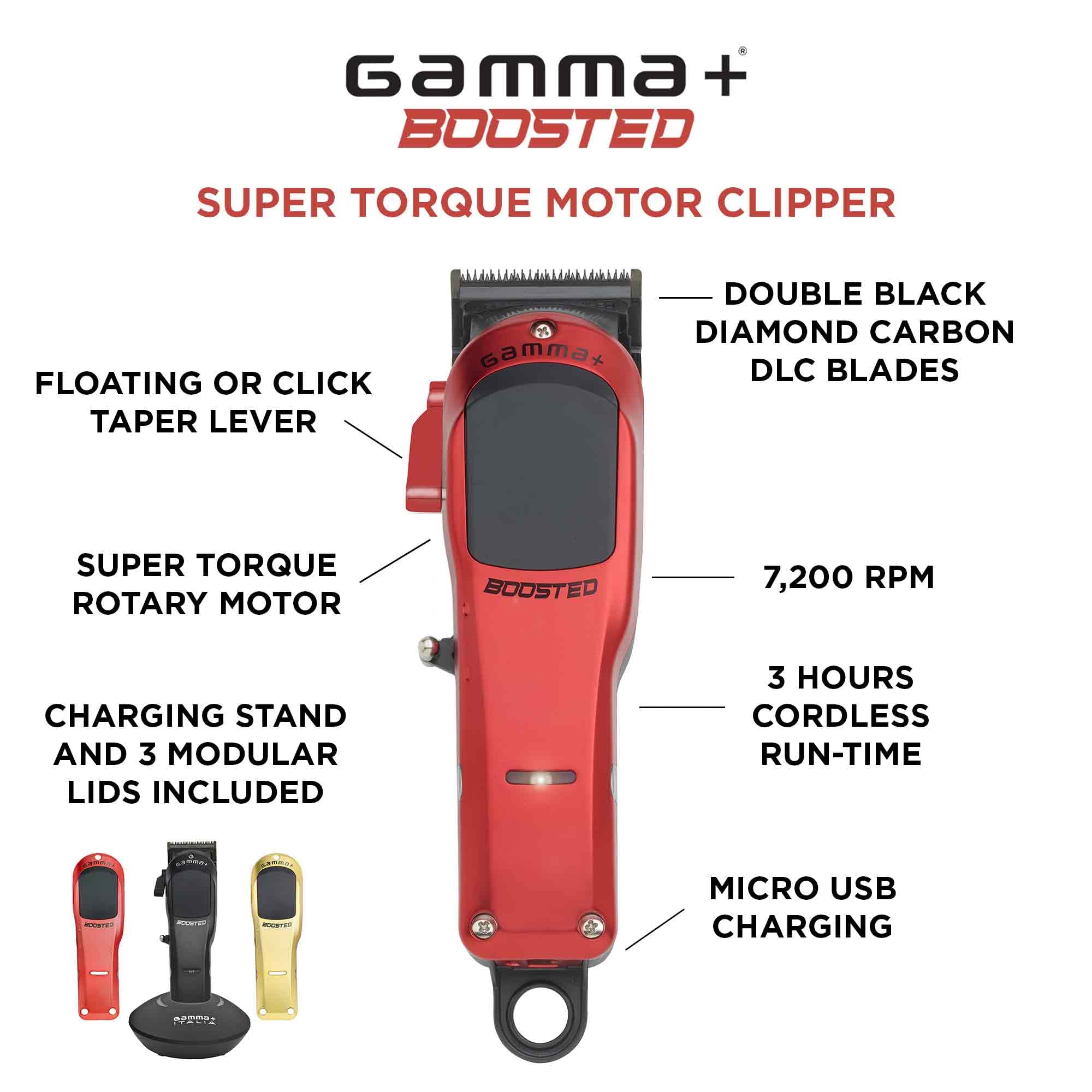 GAMMA+ Boosted Professional Modular USB-C Cordless Hair Tools with Super Torque Motor, 3 Modular Lids in Black, Red, Gold (Hair Clipper)