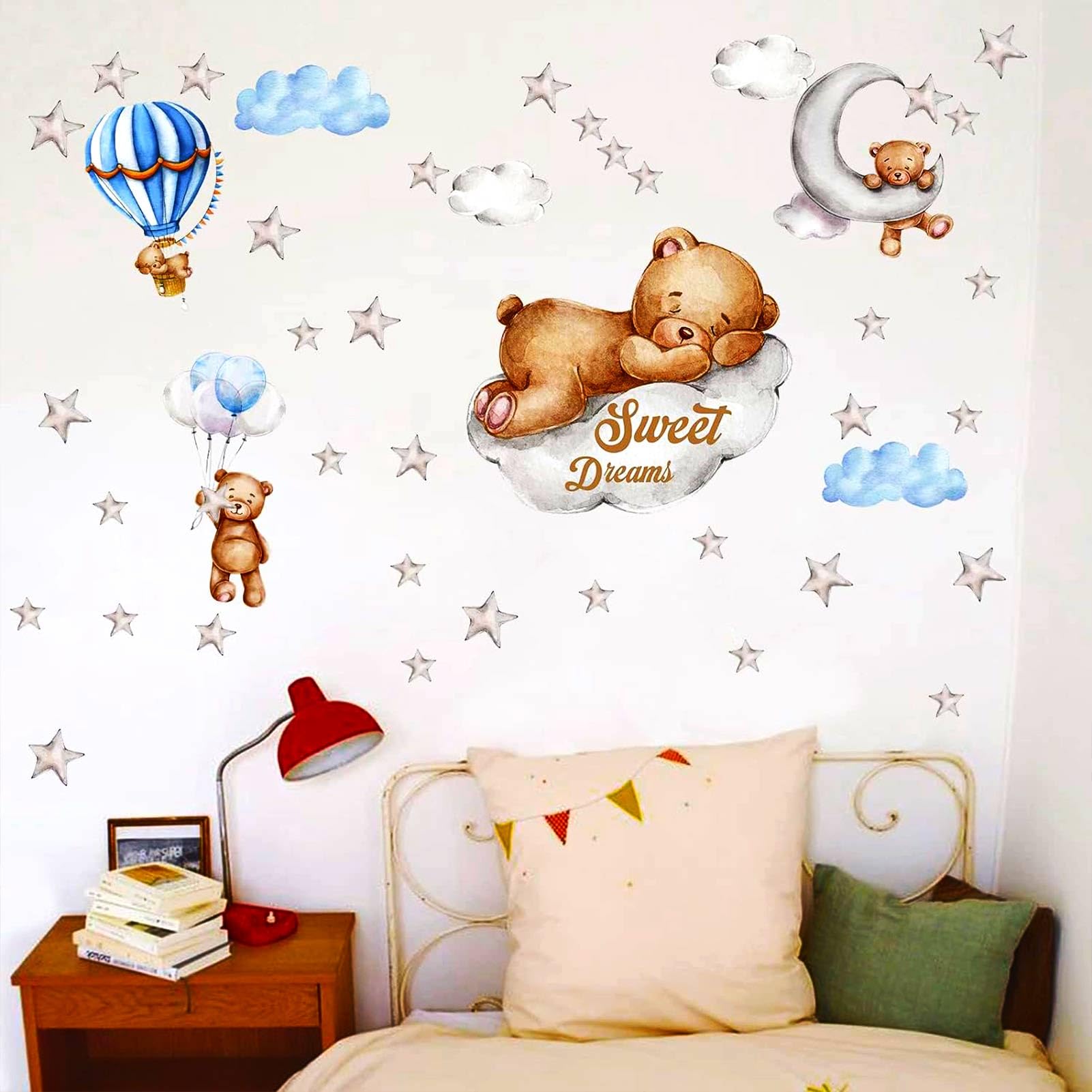 Tedy Bear Sleeping on The Moon and Stars Wall Stickers for Kids Baby Room Decor Sweet Dream Moon Hot Air Star Baby Nursery Decor Room Interior Decor Kid Bedroom Playroom Wall Decals (Blue)