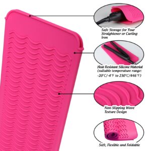 Fandamei Heat Resistant Silicone Mat Pouch for Flat Iron, Straightener, Curling Iron, Heat Resistant Glove With Silicone Bumps For Hair Styling Tool, Professional Heat Proof Glove Mitts Rose Red