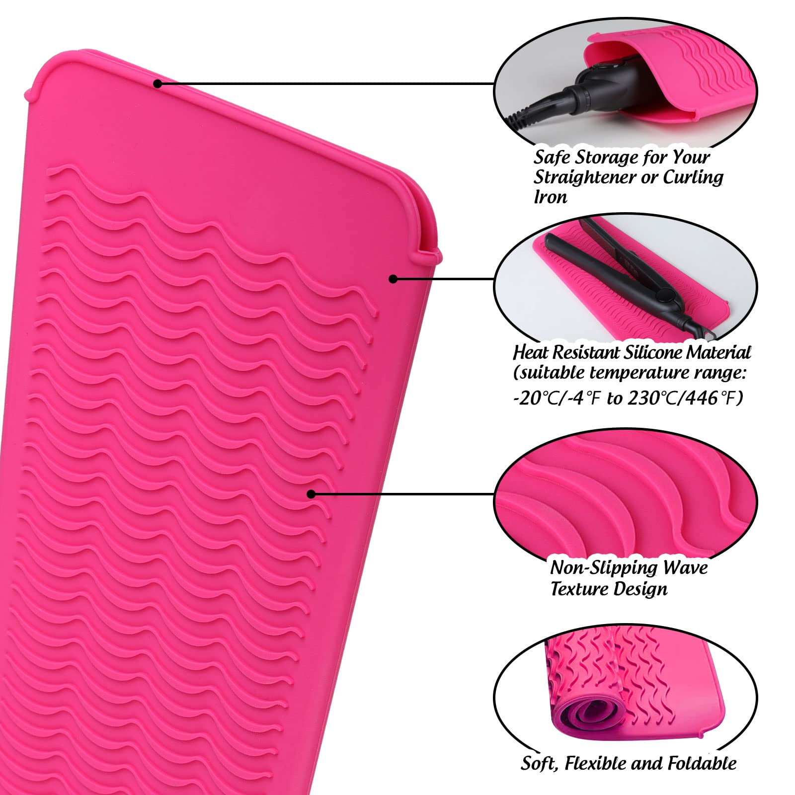 Fandamei Heat Resistant Silicone Mat Pouch for Flat Iron, Straightener, Curling Iron, Heat Resistant Glove With Silicone Bumps For Hair Styling Tool, Professional Heat Proof Glove Mitts Rose Red