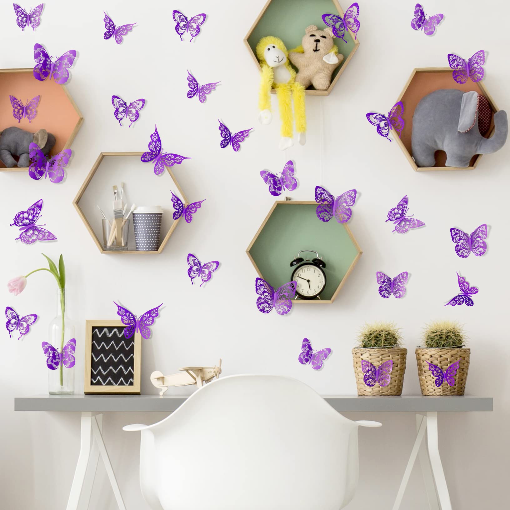 3D Butterfly Wall Decor Butterflies Wall Sticker Removable DIY Hollow PVC Butterfly Wall Decals for Kids Baby Bedroom Girls Child Teens Nursery Classroom Living Room Wedding Birthday Cake Party