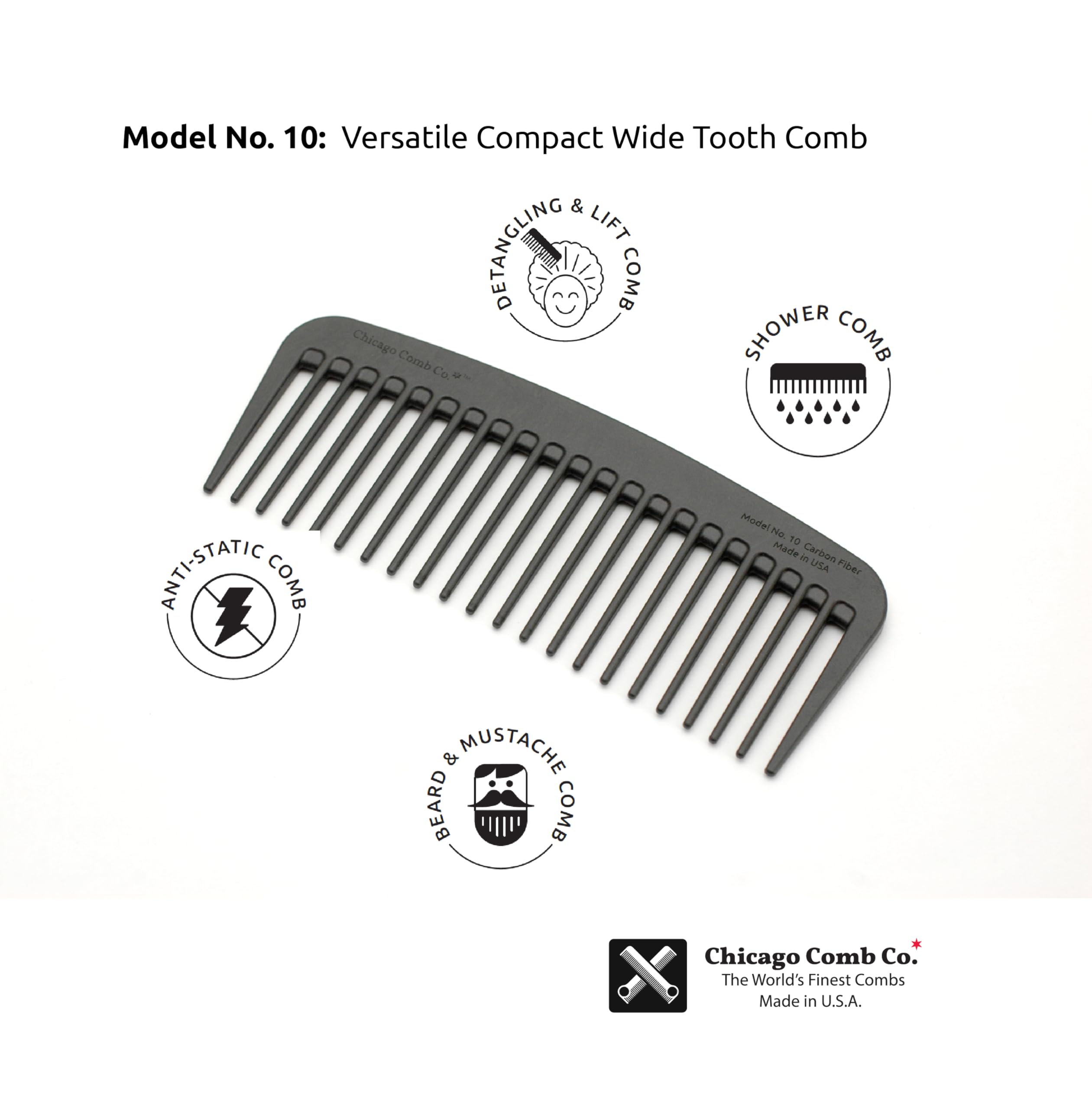 Chicago Comb Model 10 Carbon Fiber, Compact Wide-Tooth Comb, Made in USA, Anti-Static, 5 Inches (12.7 cm) Long