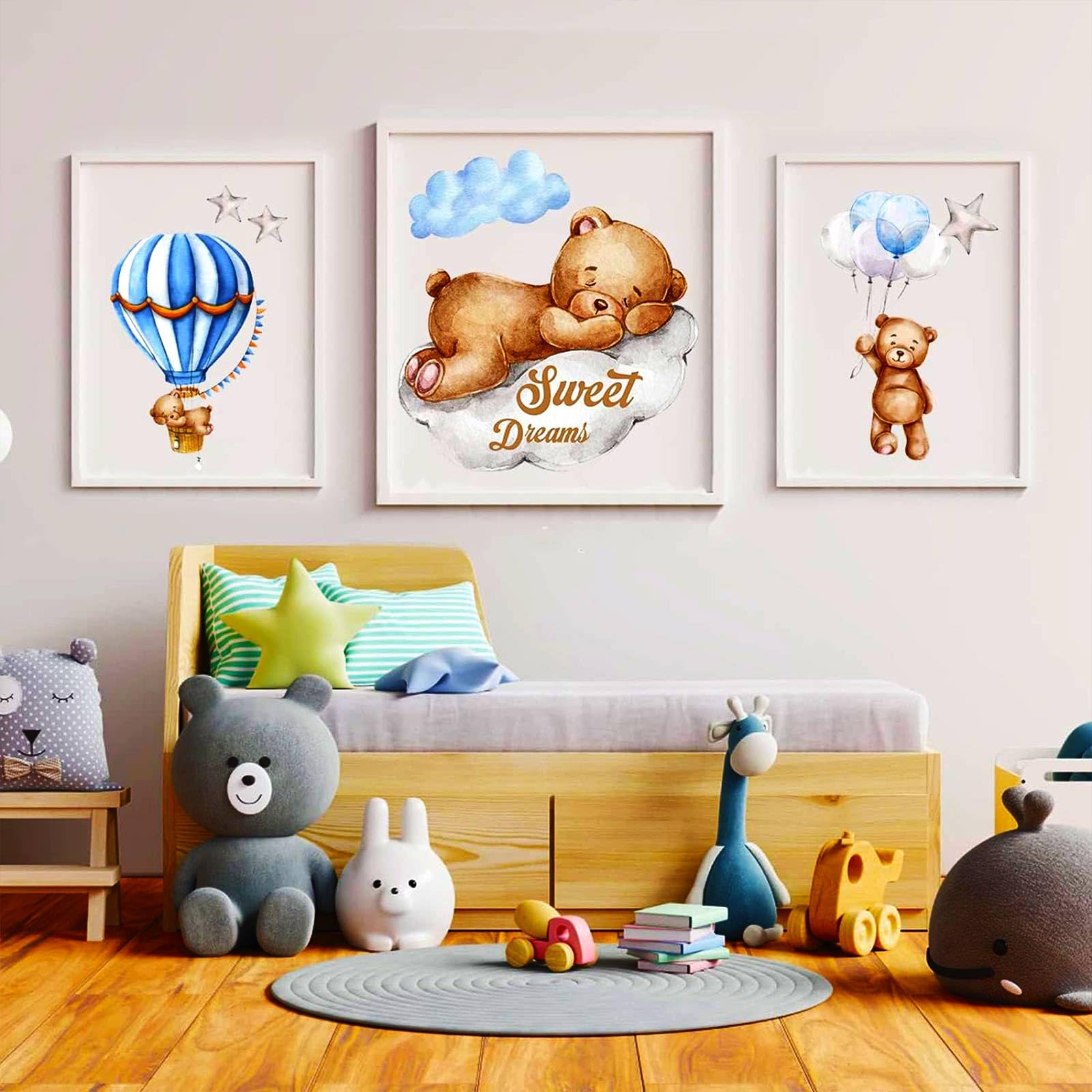 Tedy Bear Sleeping on The Moon and Stars Wall Stickers for Kids Baby Room Decor Sweet Dream Moon Hot Air Star Baby Nursery Decor Room Interior Decor Kid Bedroom Playroom Wall Decals (Blue)