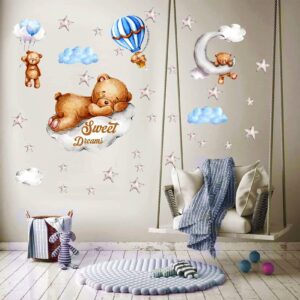 Tedy Bear Sleeping on The Moon and Stars Wall Stickers for Kids Baby Room Decor Sweet Dream Moon Hot Air Star Baby Nursery Decor Room Interior Decor Kid Bedroom Playroom Wall Decals (Blue)