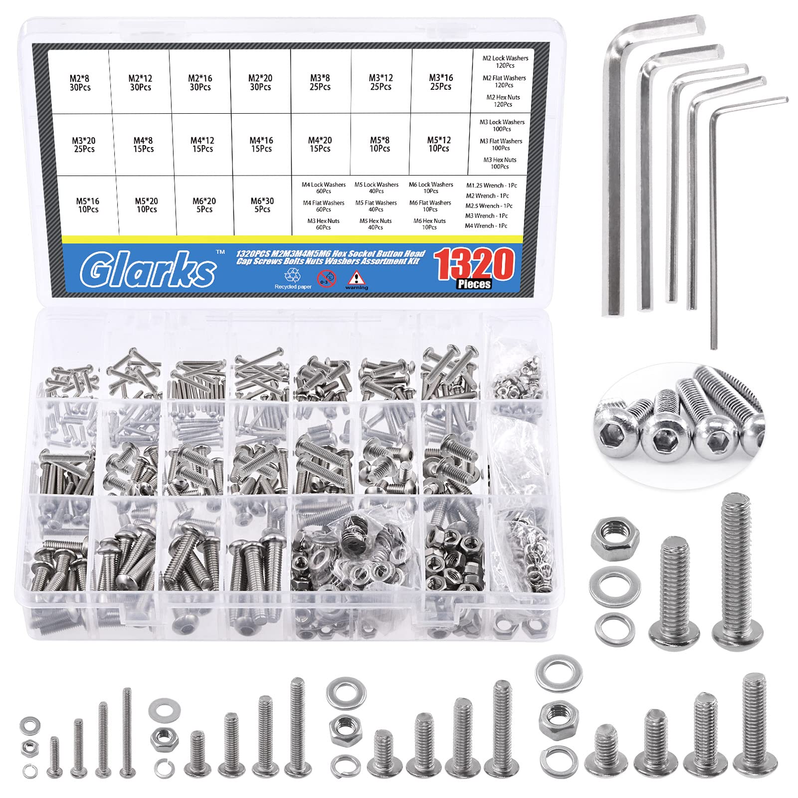 Glarks 1325Pcs M2 M3 M4 M5 M6 Button Head Screws 304 Stainless Steel Hex Socket Cap Screws Bolts and Nuts Washers Assortment Kit with Hex Wrench for Machinery Furniture Car Repair