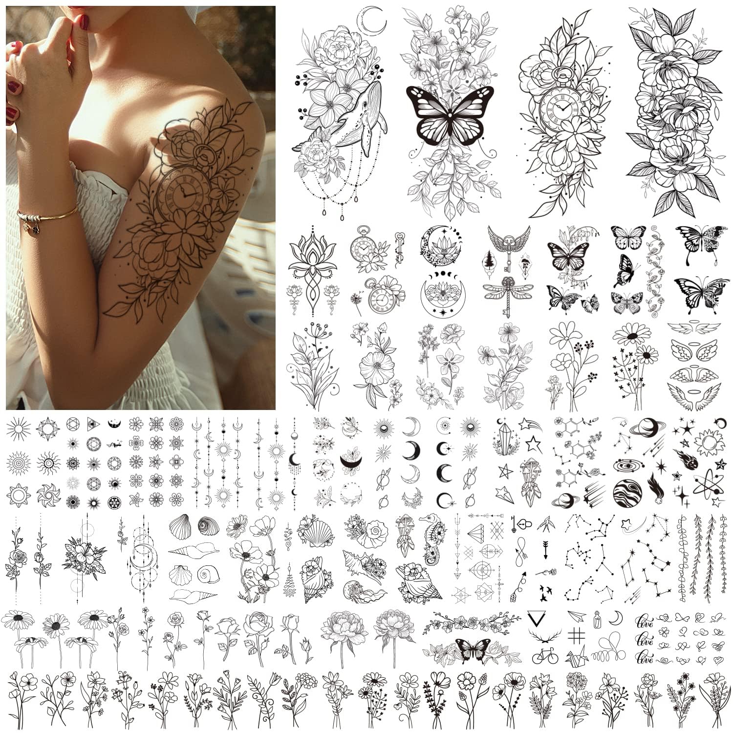 Celaza 61 Sheets Sexy Tiny Flowers Temporary Tattoos for Women Girls, 275 Styles Fake Tattoos Stickers, Black Henna Tattoo for Adult Long Lasting Realistic