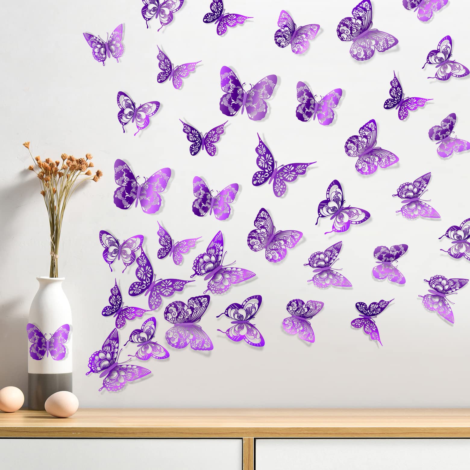 3D Butterfly Wall Decor Butterflies Wall Sticker Removable DIY Hollow PVC Butterfly Wall Decals for Kids Baby Bedroom Girls Child Teens Nursery Classroom Living Room Wedding Birthday Cake Party