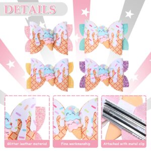 Whaline Ice Cream Glitter Bow Hair Clips 4Pcs Summer Hair Bow Barrette Colorful PU Leather Hairgrips Sparkly Alligator Hair Clips for Girls Women Hair Accessories Birthday Party Ball Supplies