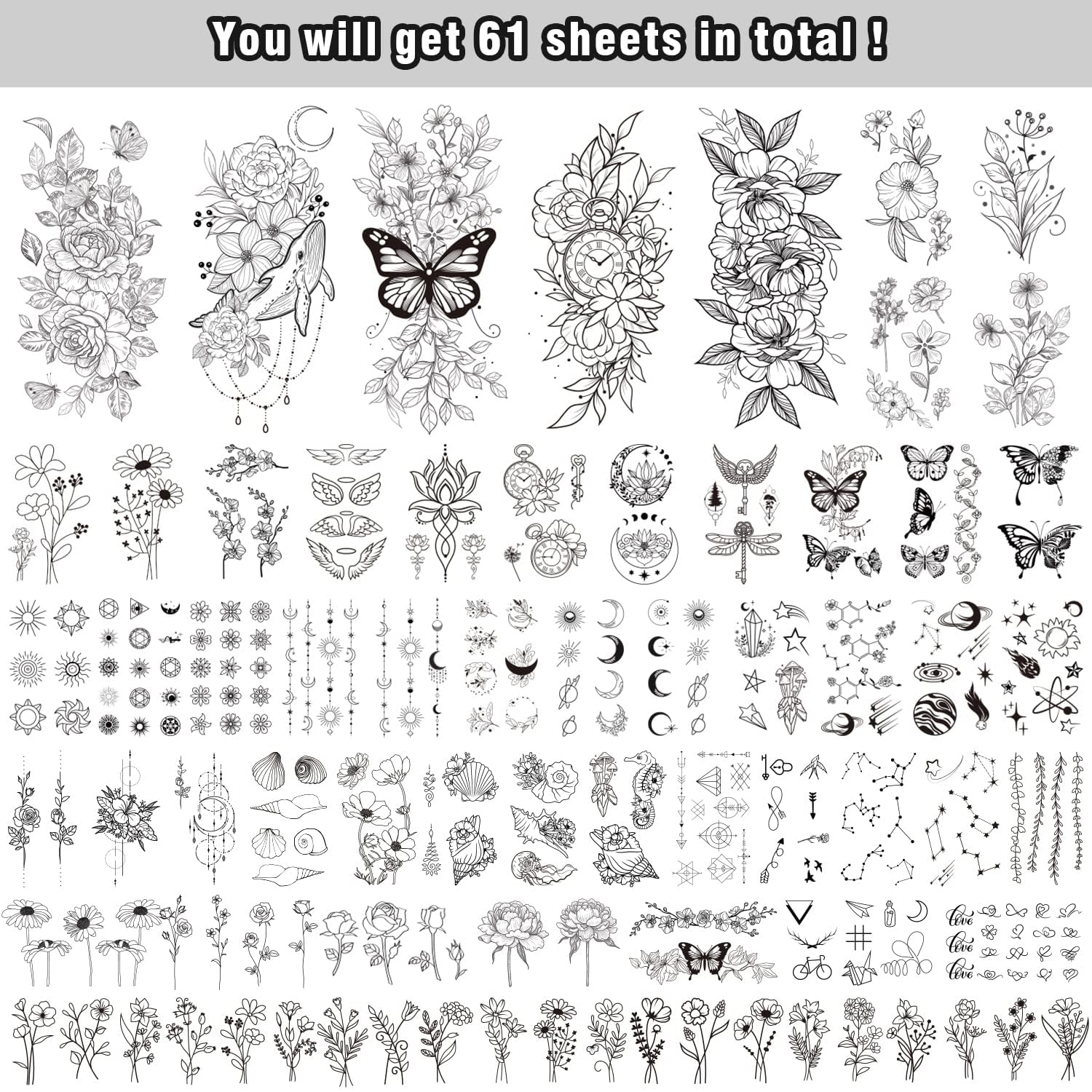 Celaza 61 Sheets Sexy Tiny Flowers Temporary Tattoos for Women Girls, 275 Styles Fake Tattoos Stickers, Black Henna Tattoo for Adult Long Lasting Realistic