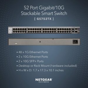 NETGEAR 52-Port Gigabit/10G Stackable Smart Switch (GS752TX) - 48x1G, Managed, with 2x10G Copper & 2x10G SFP+, Desktop or Rackmount, & Limited Protection (Renewed), Grey