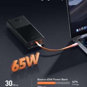 Baseus Powerbank 65 W for Laptop, 20000 mAh Power Bank USB C, Integrated USB-C Cable, External Battery QC 3.0 with 4 Outputs for Lenovo, HP, Dell, MacBook Pro, iPhone, Samsung