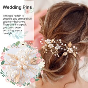 ANCIRS 9 Pack Pearl Bridal Wedding Hair Styling Pins, Leaves Style Bride Head Piece, U Shape Rhinestone Flower Hair Accessories for Women & Girls Wedding Hairstyles- Gold