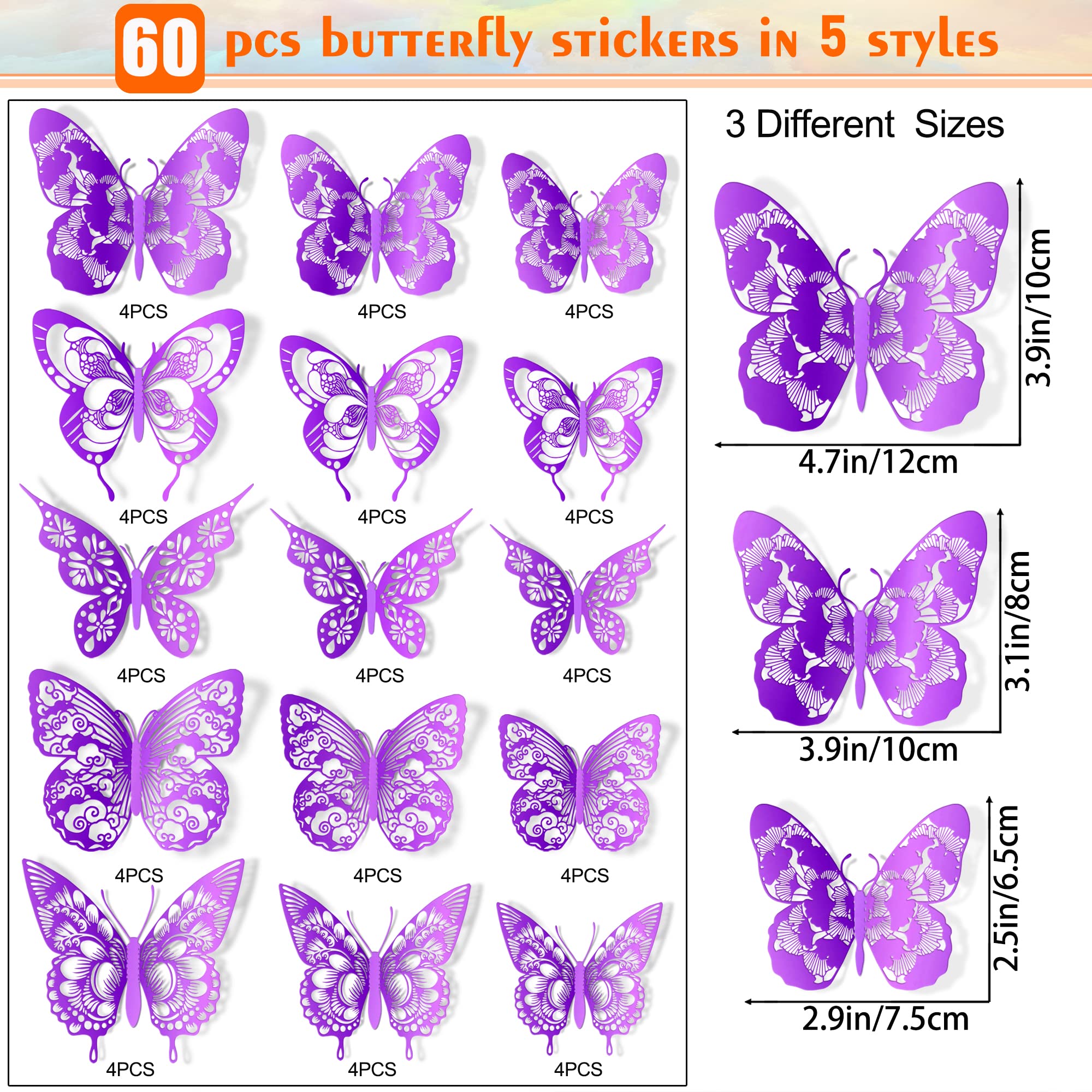 3D Butterfly Wall Decor Butterflies Wall Sticker Removable DIY Hollow PVC Butterfly Wall Decals for Kids Baby Bedroom Girls Child Teens Nursery Classroom Living Room Wedding Birthday Cake Party