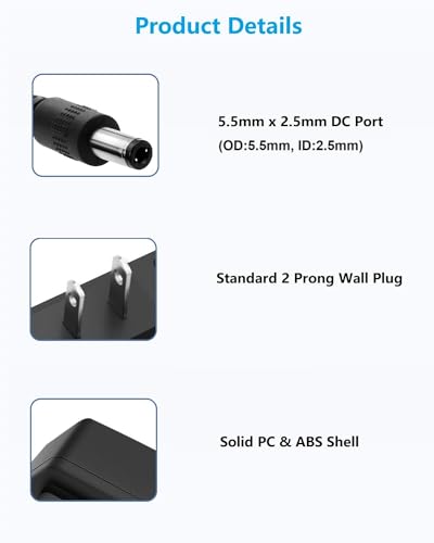 12V DC Power Supply 1A Universal AC Adapter, 100-240 50/60Hz AC to DC 12 Volts 1Amp Power Adapter Transformer, DC 12V Power Cord, 5.5mm x 2.5mm DC Plug & 1Tip