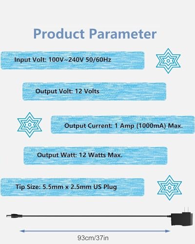 12V DC Power Supply 1A Universal AC Adapter, 100-240 50/60Hz AC to DC 12 Volts 1Amp Power Adapter Transformer, DC 12V Power Cord, 5.5mm x 2.5mm DC Plug & 1Tip